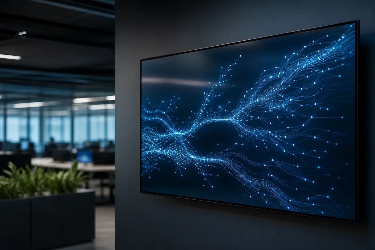 Écran de supervision affichant des flux de traitement automatisés dans un bureau