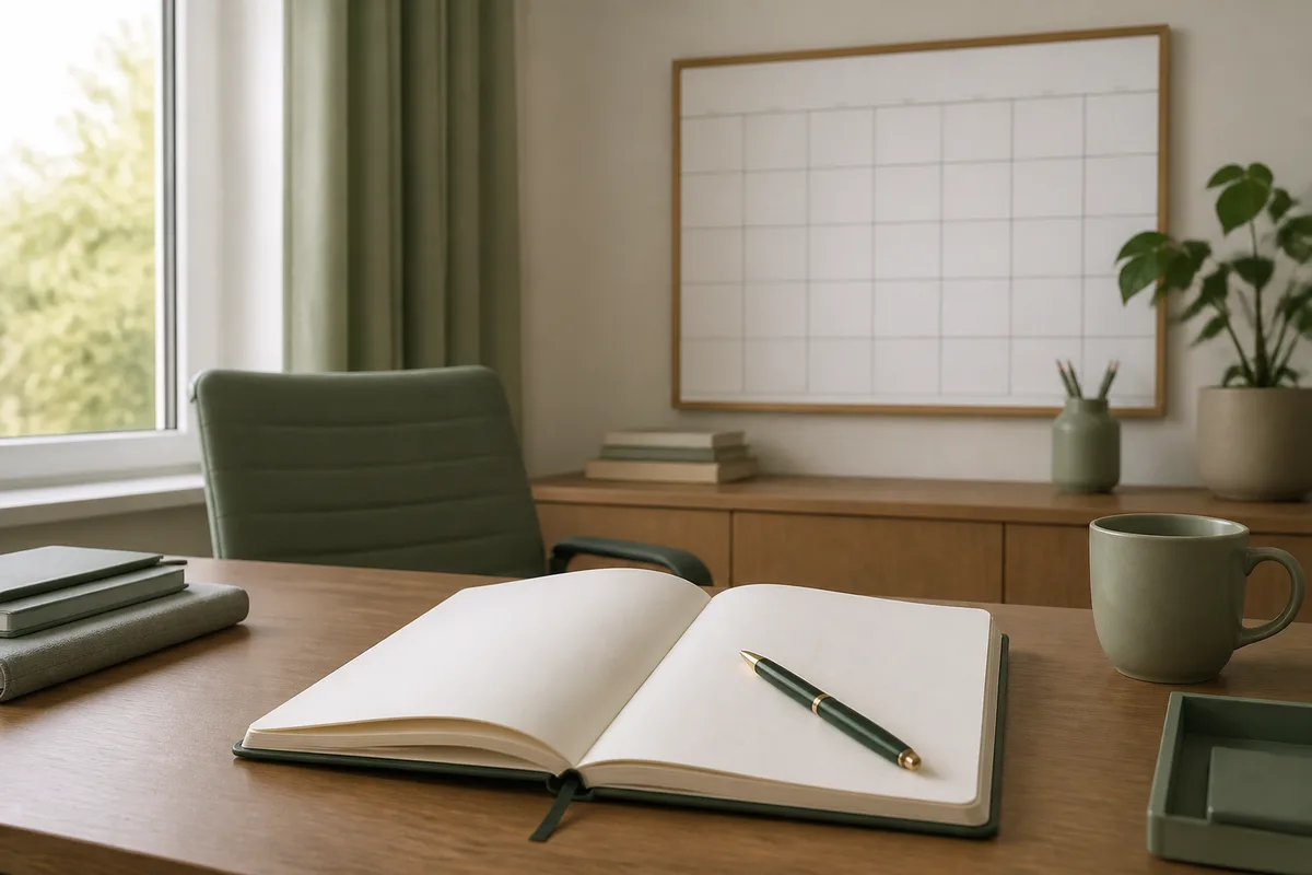 Carnet de notes ouvert et calendrier mural dans un bureau de direction