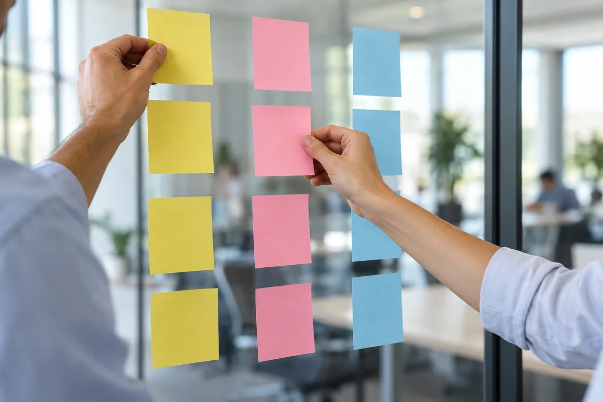 Mains collant des notes adhésives de couleur unie sur une vitre de salle de réunion