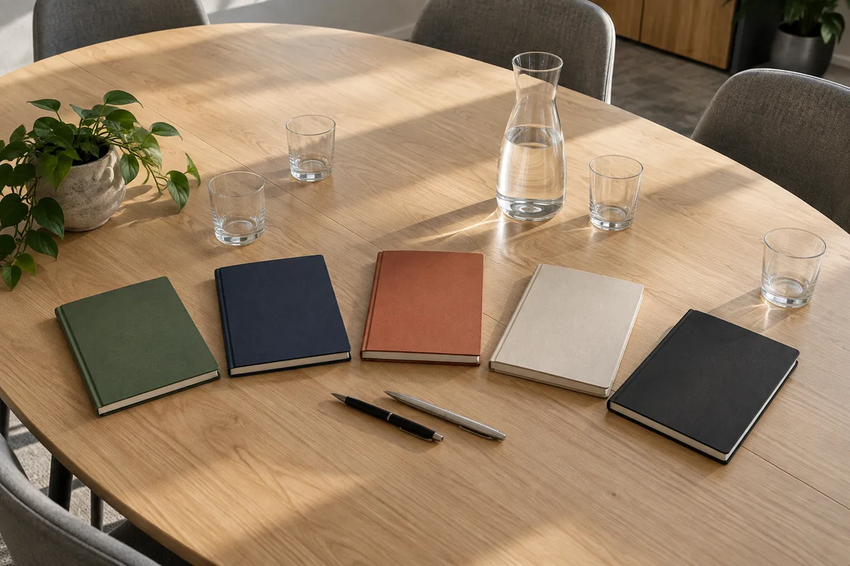 Table de réunion avec carnets fermés, stylos et carafe d&rsquo;eau en lumière naturelle