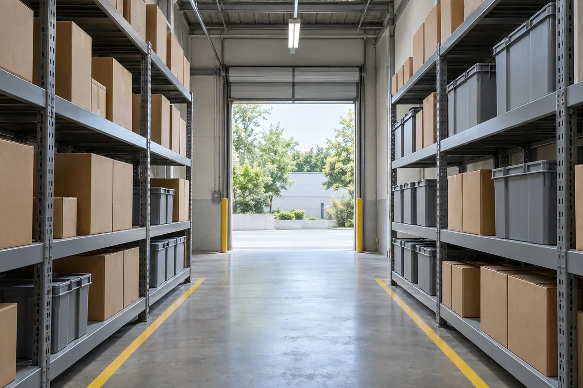 Allée de rayonnages rangés dans le dépôt d&rsquo;une petite entreprise