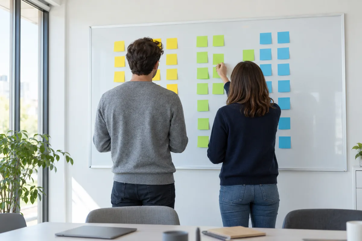 Deux collaborateurs de dos classent des notes adhésives sur un tableau blanc pendant un atelier de cadrage