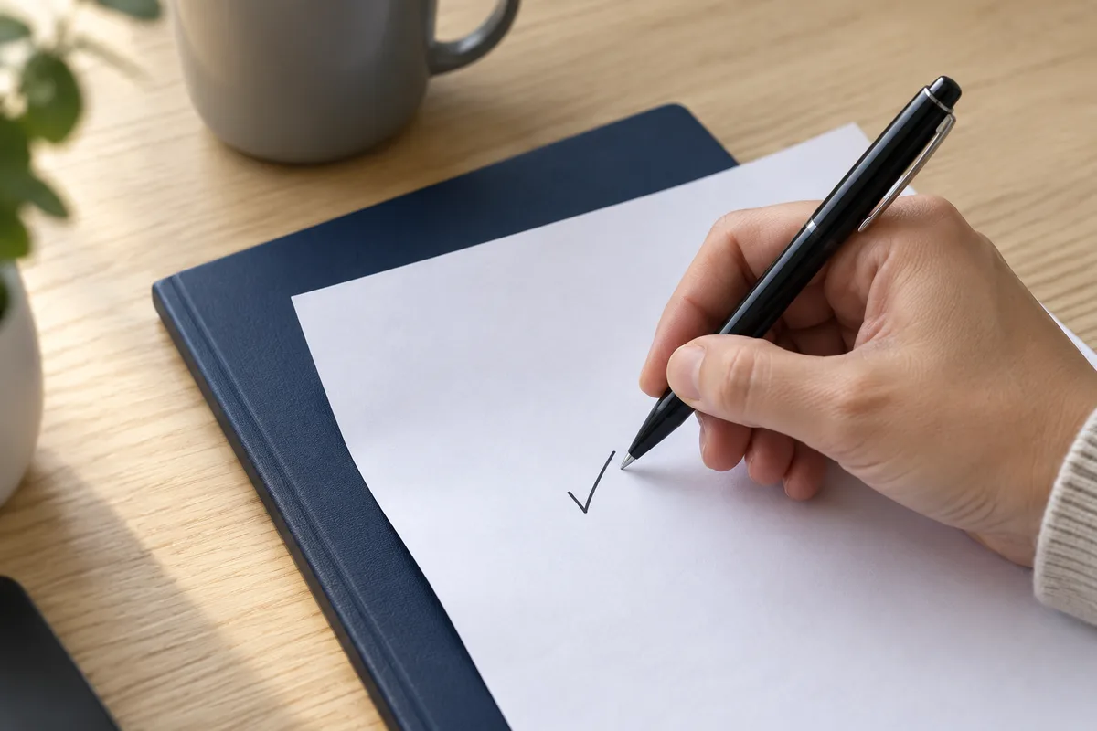 Main cochant au stylo une feuille retournée lors de la vérification des critères de recette