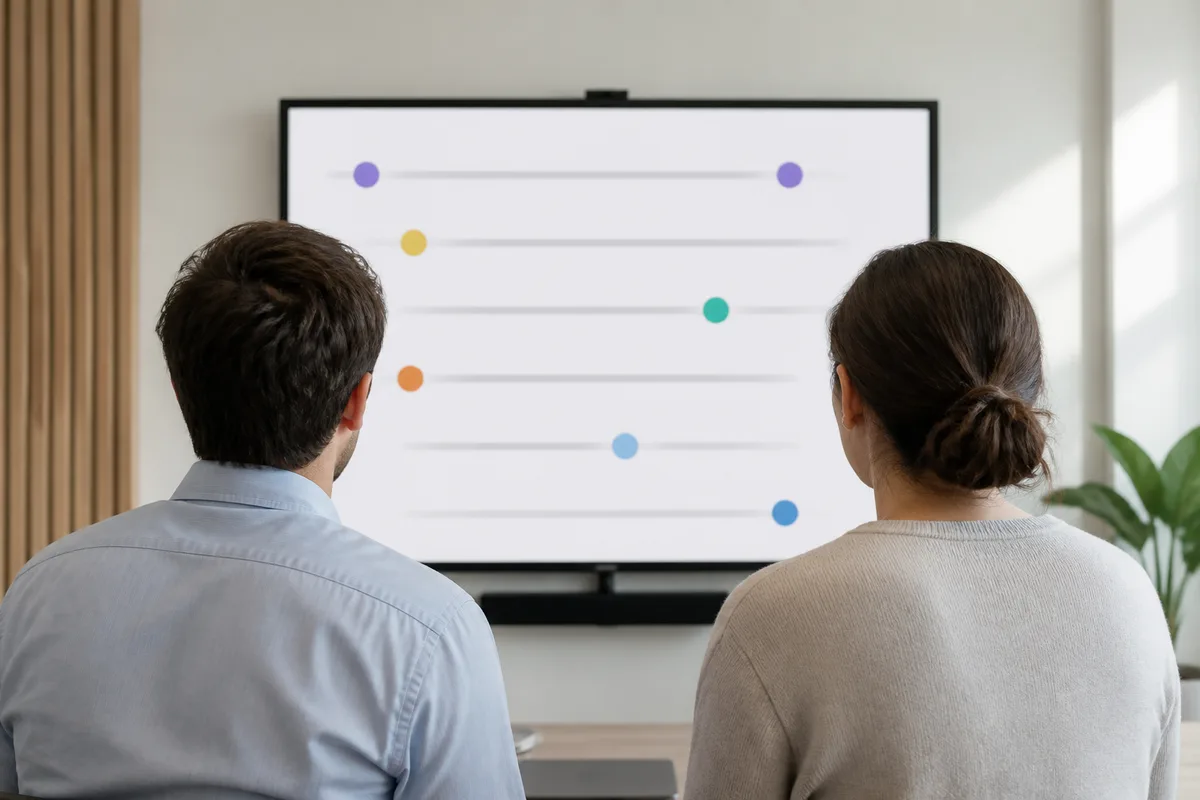 Réunion de travail autour d&rsquo;un écran affichant un tableau de contacts et de segments