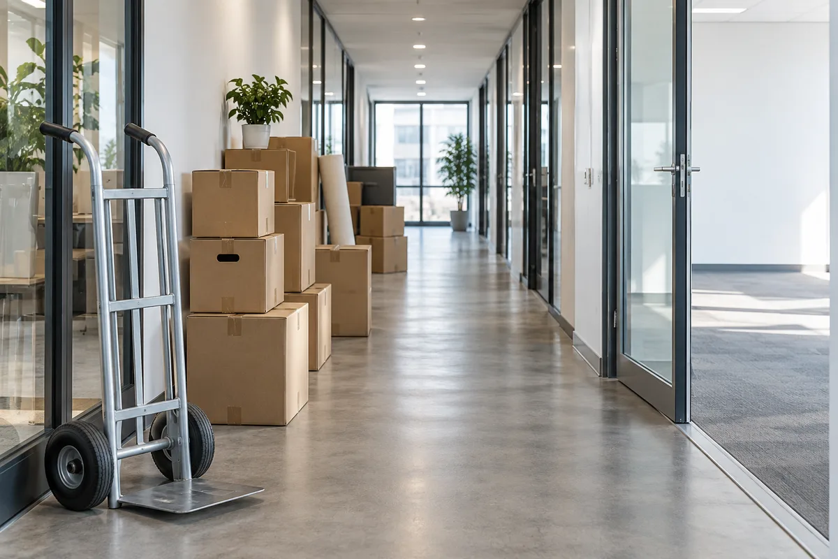Couloir de bureaux pendant un déménagement interne, cartons unis empilés le long du mur