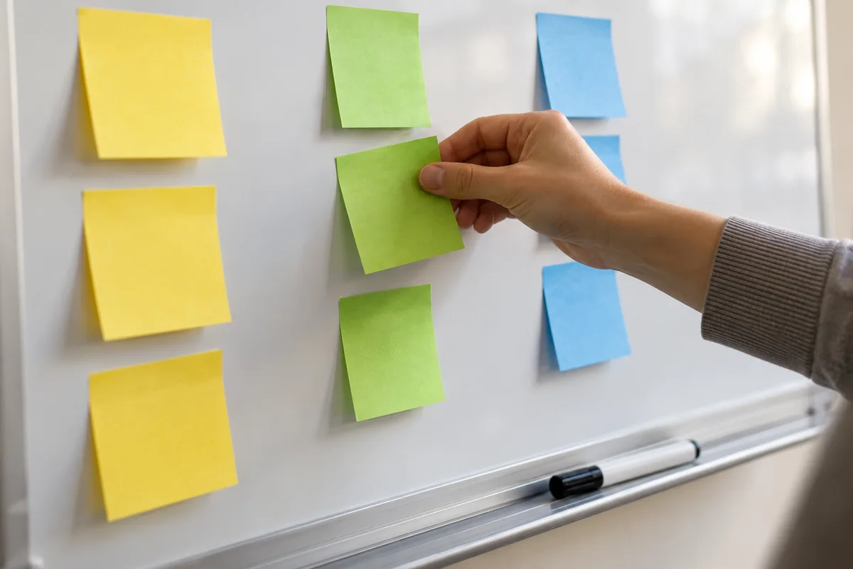Mains qui déplacent des notes adhésives unies d&rsquo;une colonne à l&rsquo;autre sur un tableau blanc
