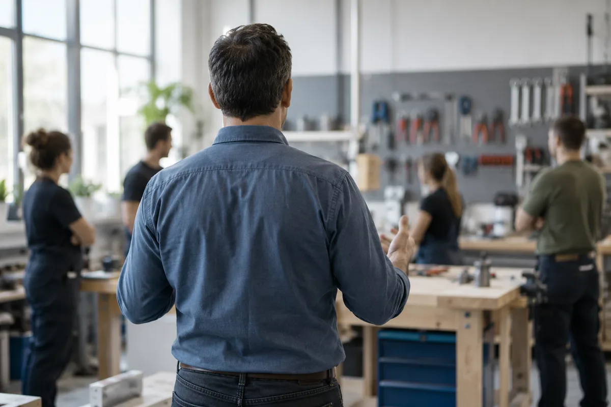 Manager vu de dos qui échange avec une petite équipe dans un atelier
