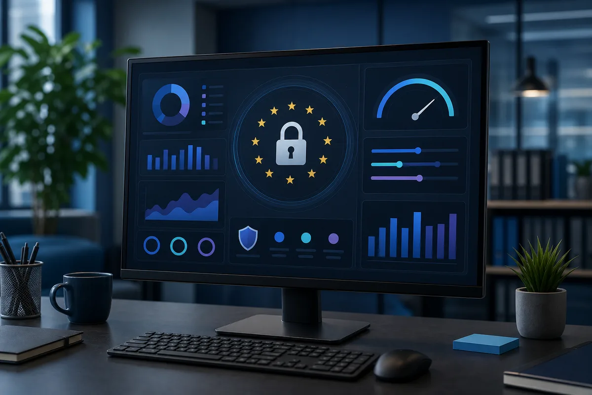 Écran de tableau de bord montrant des indicateurs de conformité et de protection des données