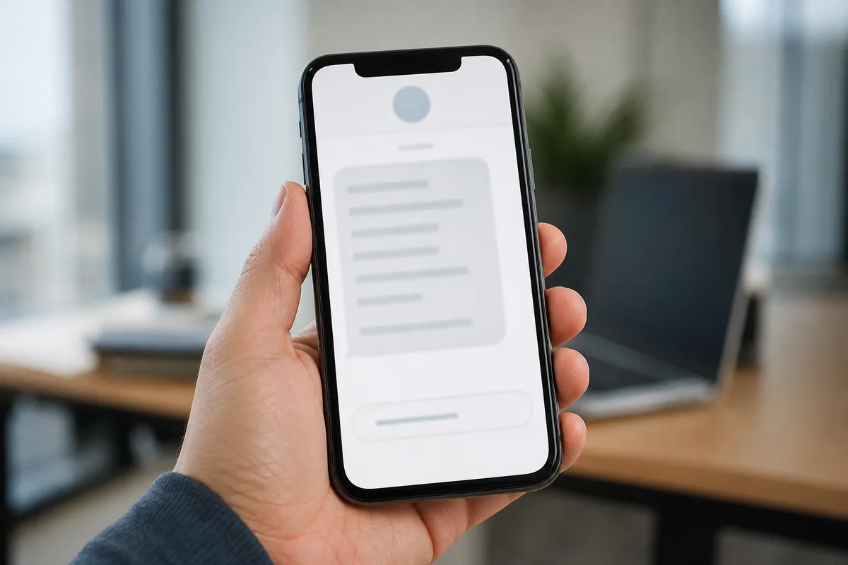 Main tenant un smartphone affichant un message avec une option de désinscription en bas