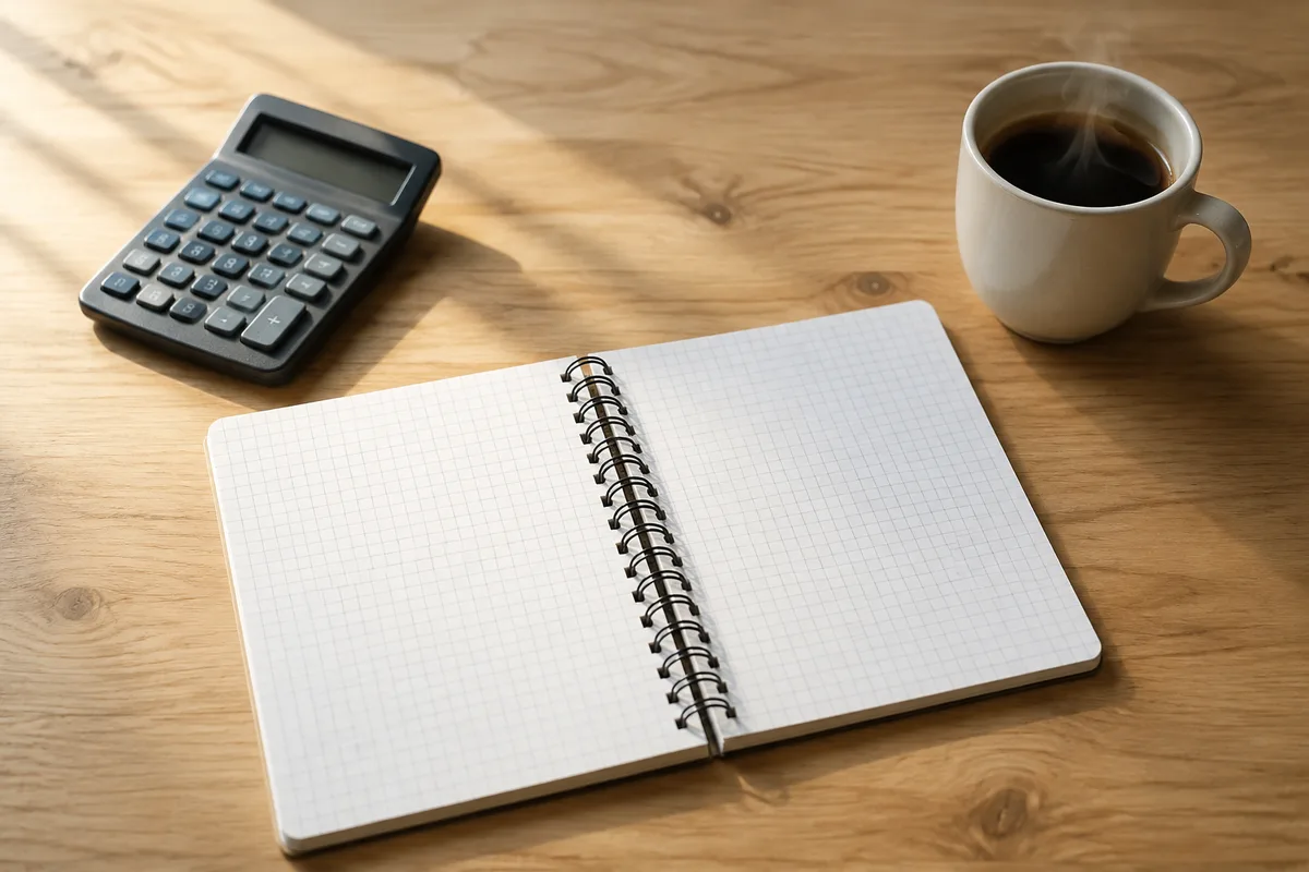 Bureau de dirigeant avec carnet de notes, calculatrice et tasse de café, lumière naturelle du matin