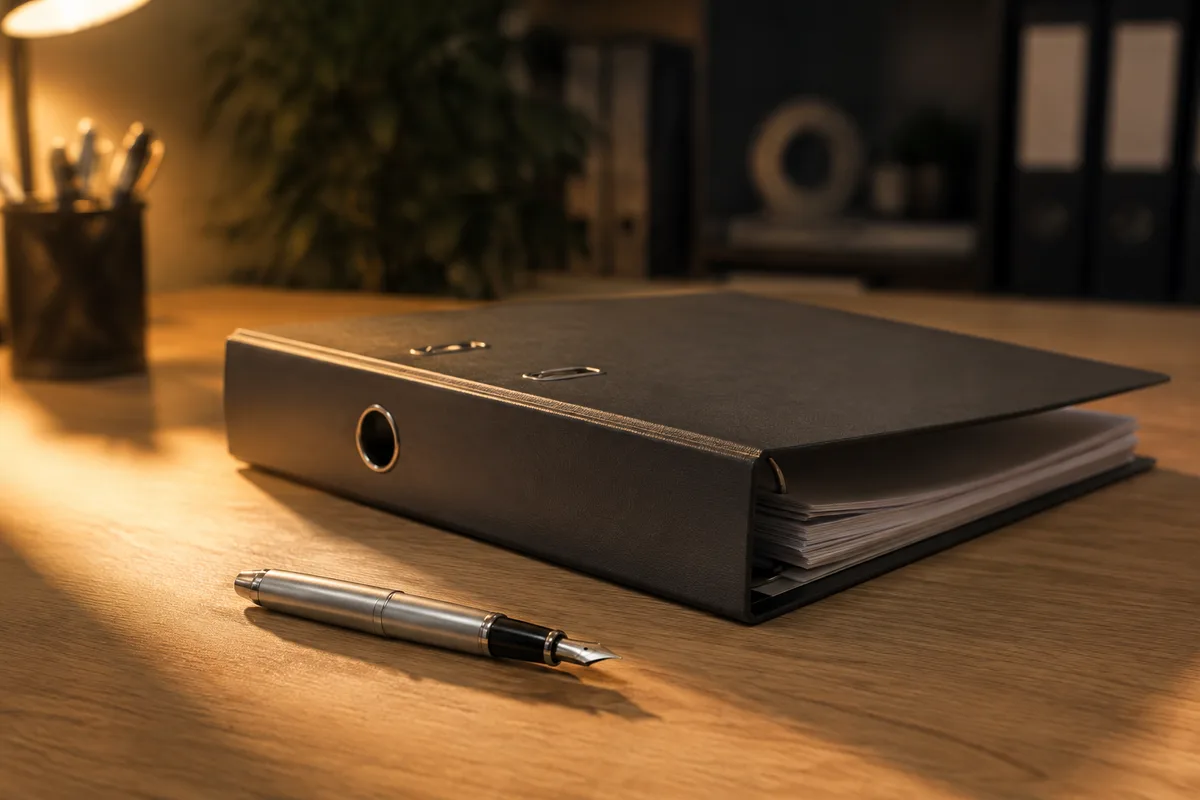 Classeur comptable ouvert et stylo posé sur un bureau en bois clair, lumière rasante de fin de journée