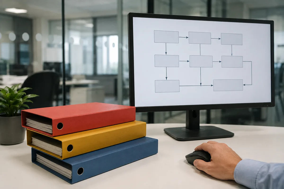 Dossiers papier et écran affichant un circuit de validation dans un bureau d&rsquo;entreprise