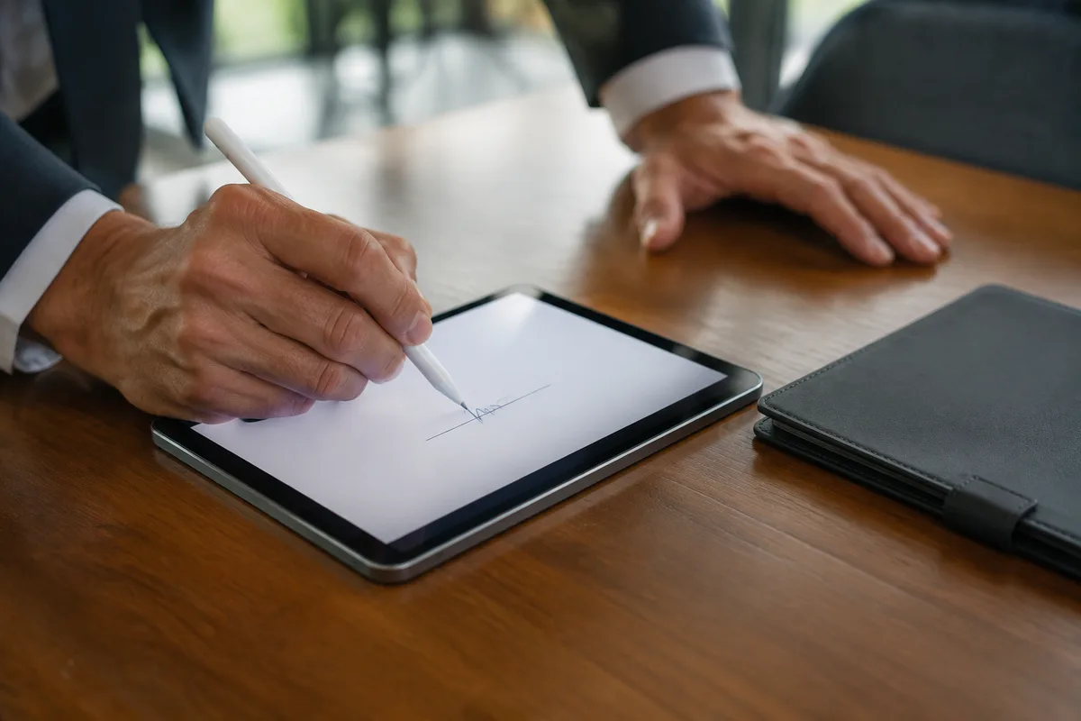 Deux collaborateurs signant un document sur une tablette dans un espace de réunion