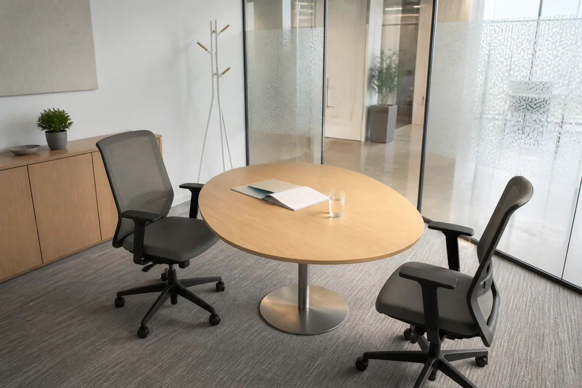 Salle de réunion vitrée d&rsquo;une PME avec deux chaises face à face et un dossier ouvert sur la table