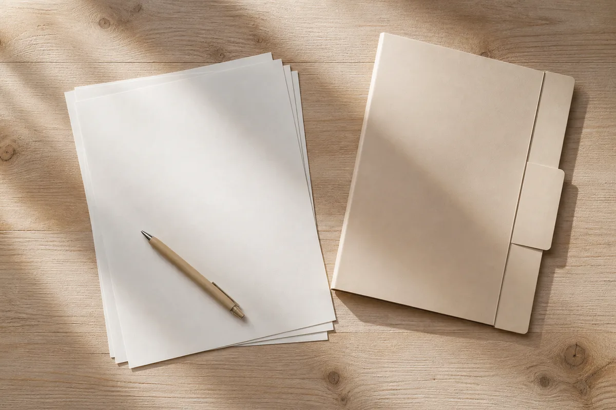 Documents administratifs neutres et stylo posés sur un bureau clair en bois