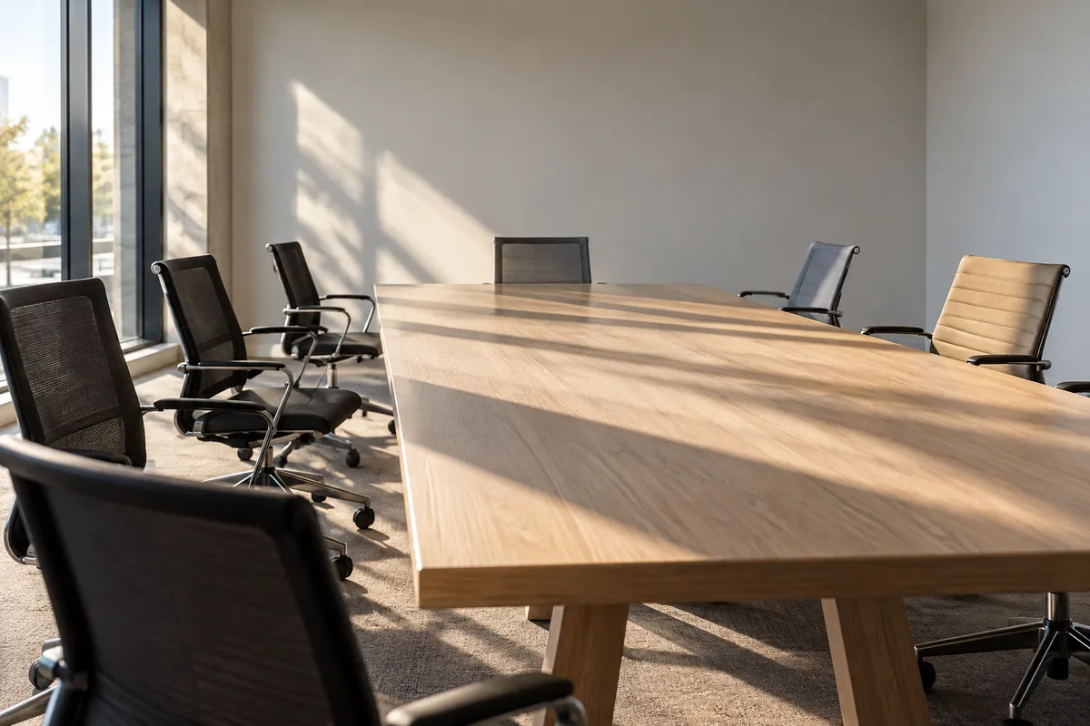 Salle de réunion vide en fin de journée, table longue et chaises légèrement écartées