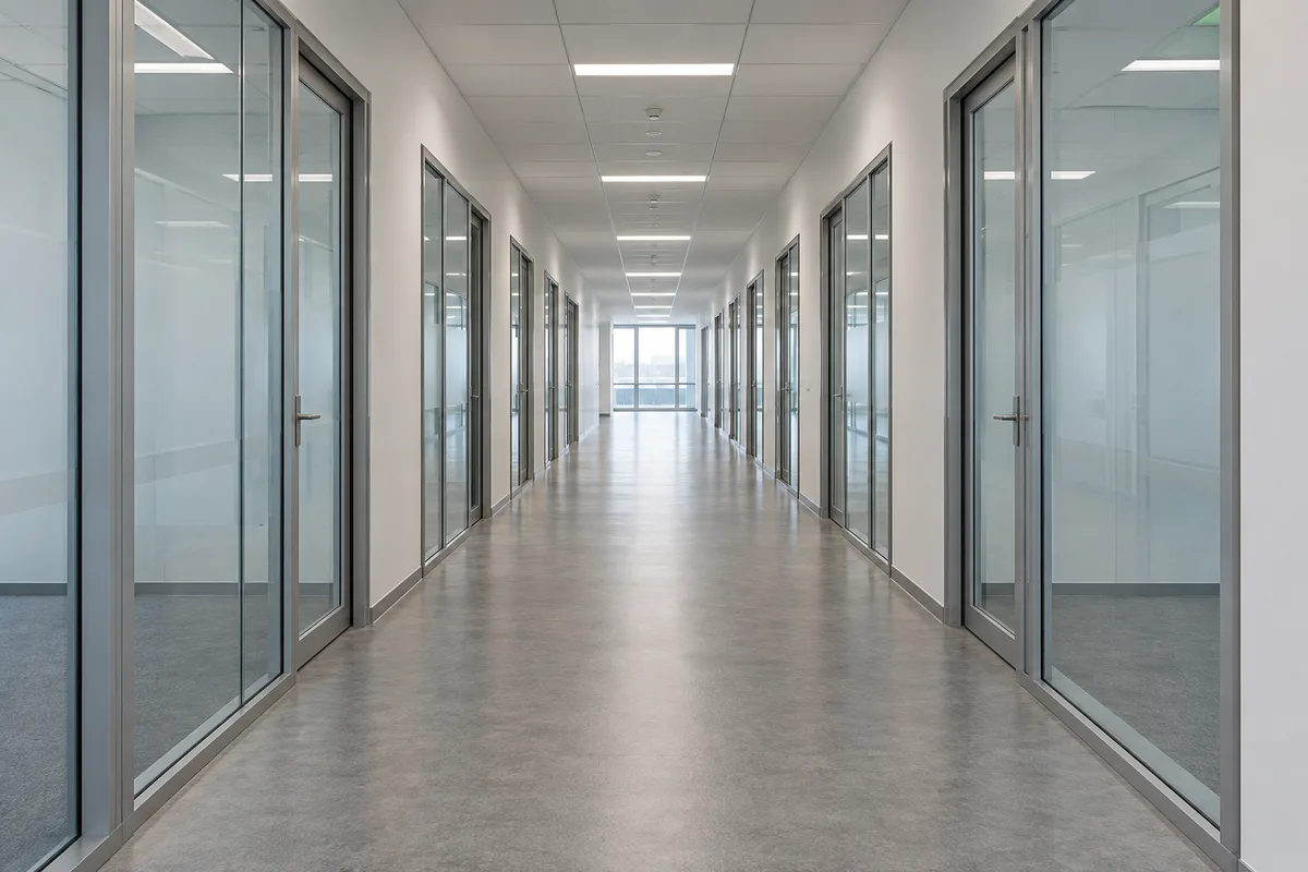 Couloir de bureaux vide aux portes vitrées fermées, lumière diffuse de plafonniers