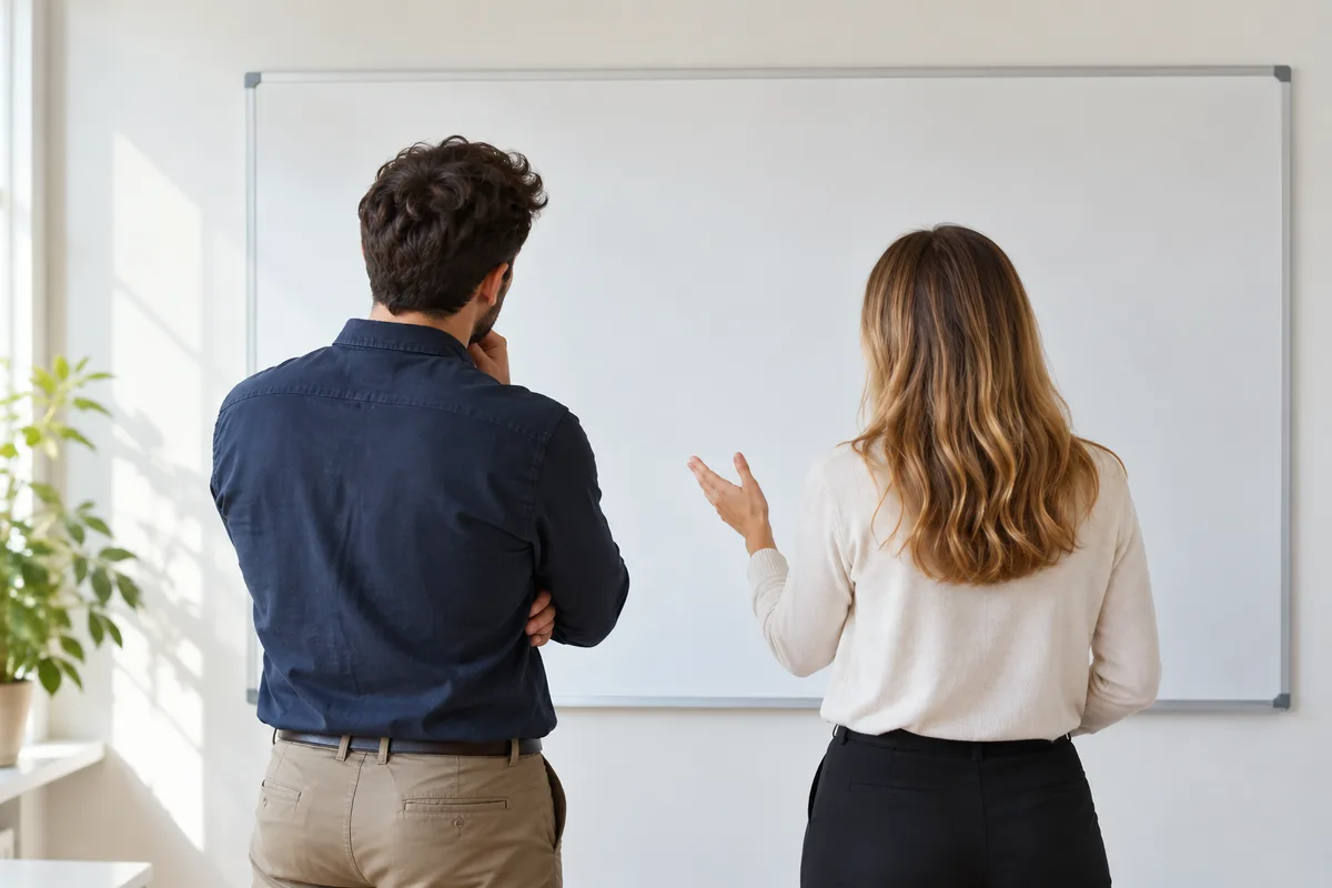 Deux collègues vus de dos devant un tableau blanc vierge dans une salle claire