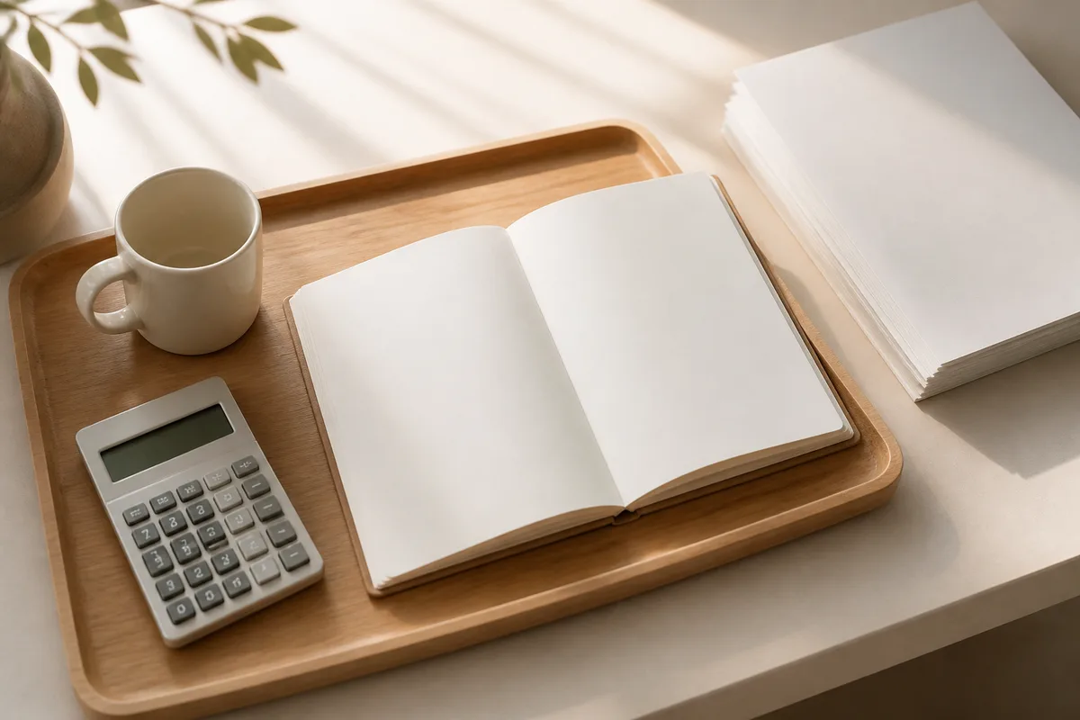 Bureau en bois clair avec un carnet ouvert, une calculatrice et une tasse, lumière naturelle du matin