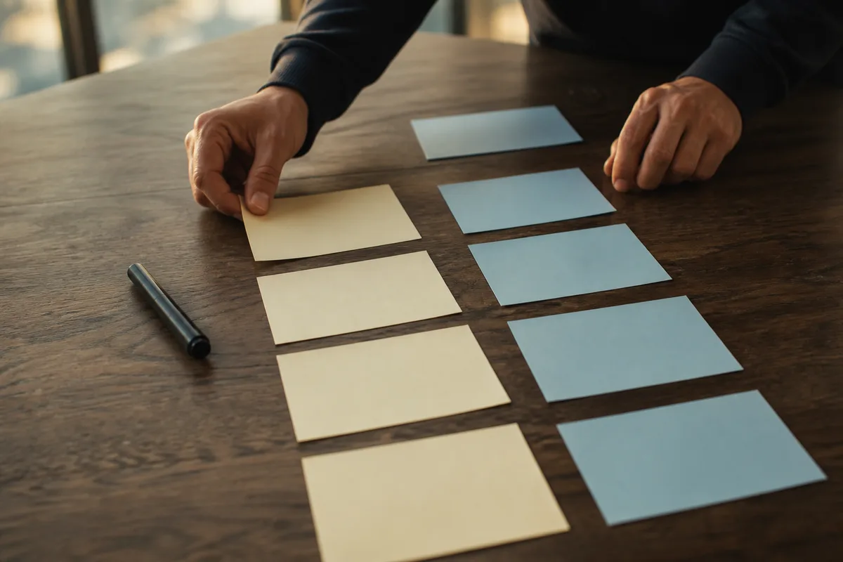 Mains posant des fiches cartonnées annotées sur une table de réunion, lumière douce de fin de journée