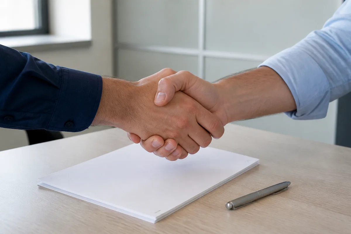 Poignée de main professionnelle au-dessus d&rsquo;un contrat papier posé sur une table claire, lumière naturelle