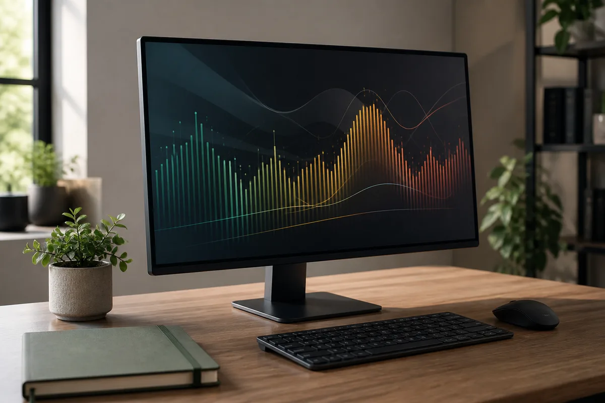 Écran d&rsquo;ordinateur affichant un tableau de suivi coloré posé sur un bureau ordonné, lumière latérale