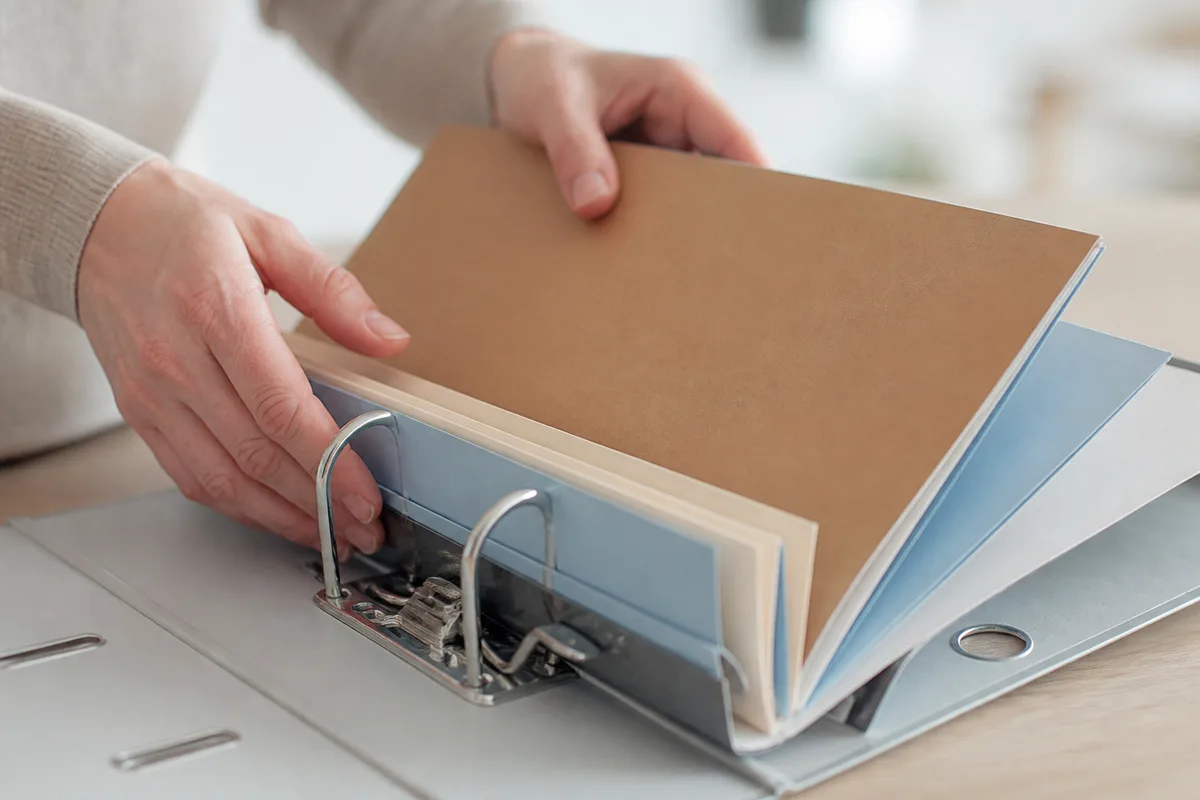 Mains rangeant des chemises cartonnées dans un classeur de bureau