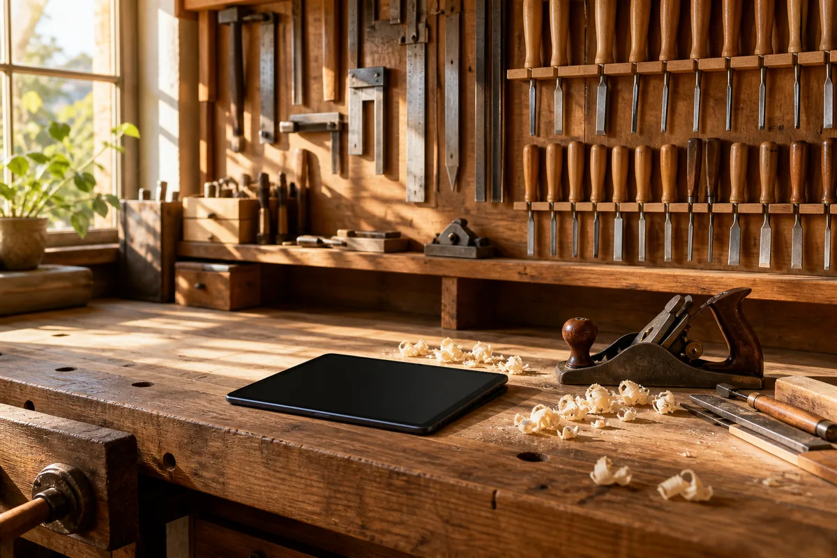 Atelier d&rsquo;artisan avec établi rangé et tablette posée écran éteint