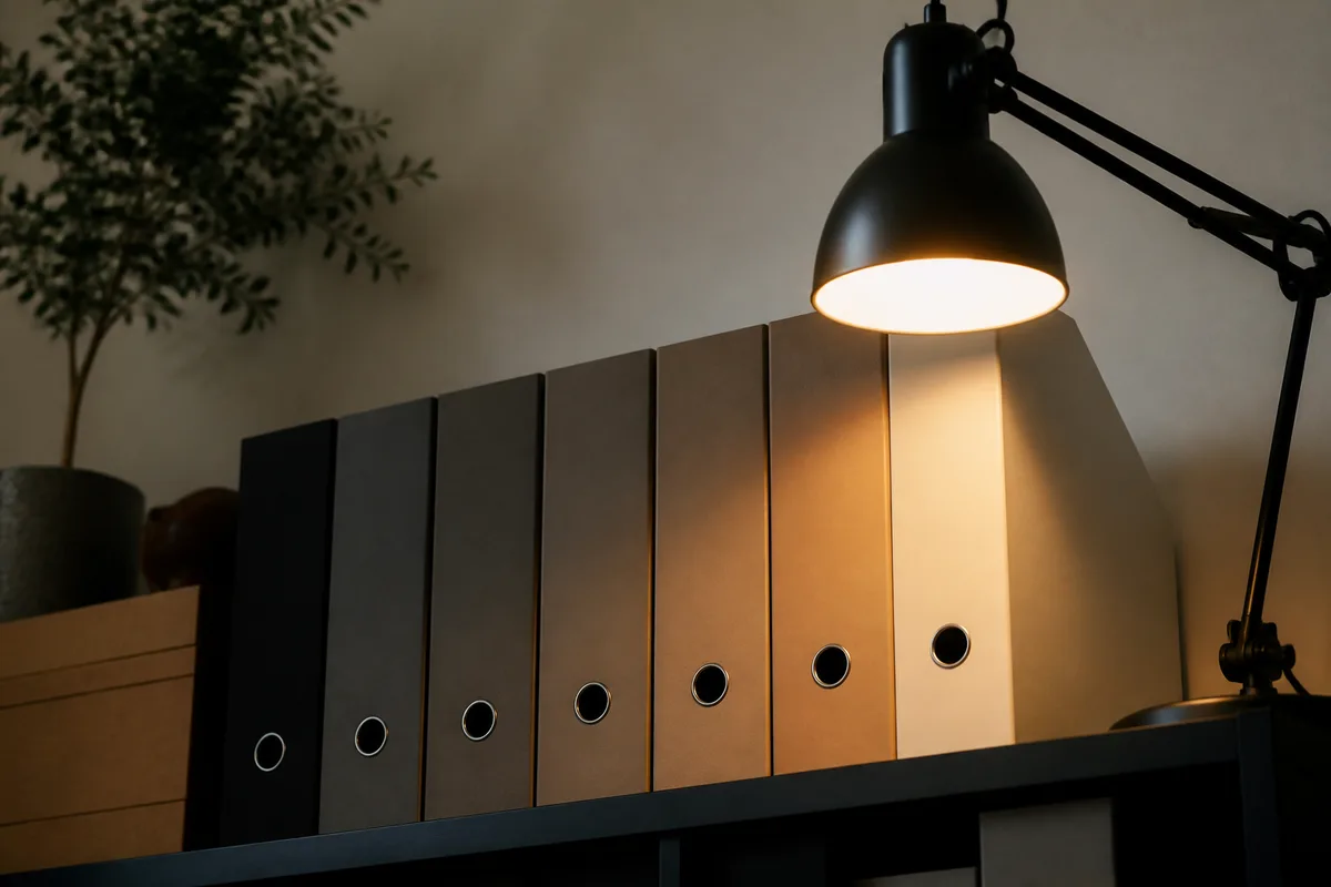 Étagère de bureau avec classeurs alignés sous une lampe d&rsquo;architecte