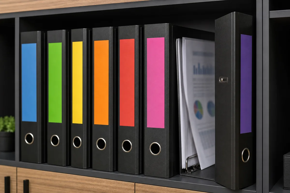 Classeur d’archives financières avec onglets colorés dans un bureau d’entreprise