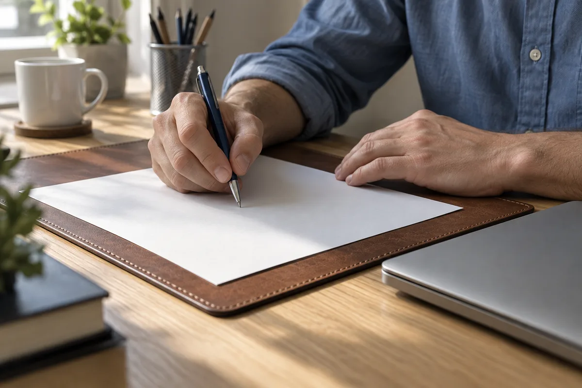 Mains signant un document sur un bureau à côté d&rsquo;un ordinateur portable fermé