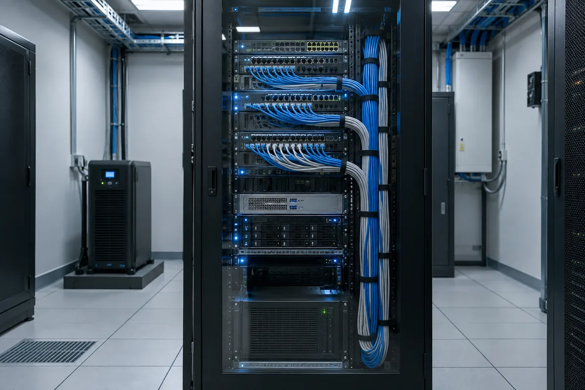 Salle serveur compacte de PME avec baie fermée et câblage rangé