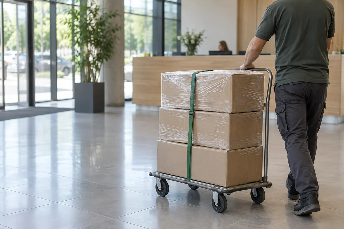 Chariot de livraison chargé de cartons d&rsquo;ordinateurs dans un hall d&rsquo;entreprise