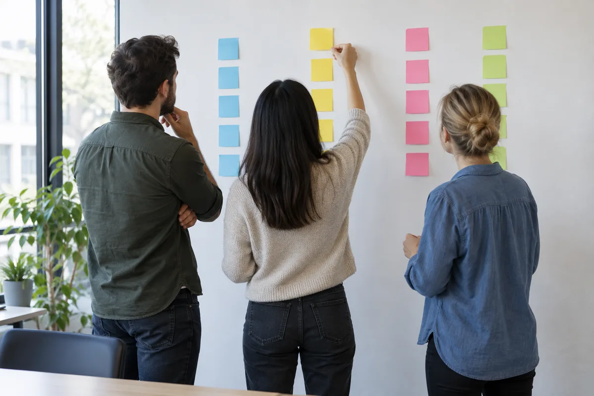 Équipe réunie autour d&rsquo;un mur couvert de post-it de couleurs unies alignés en colonnes