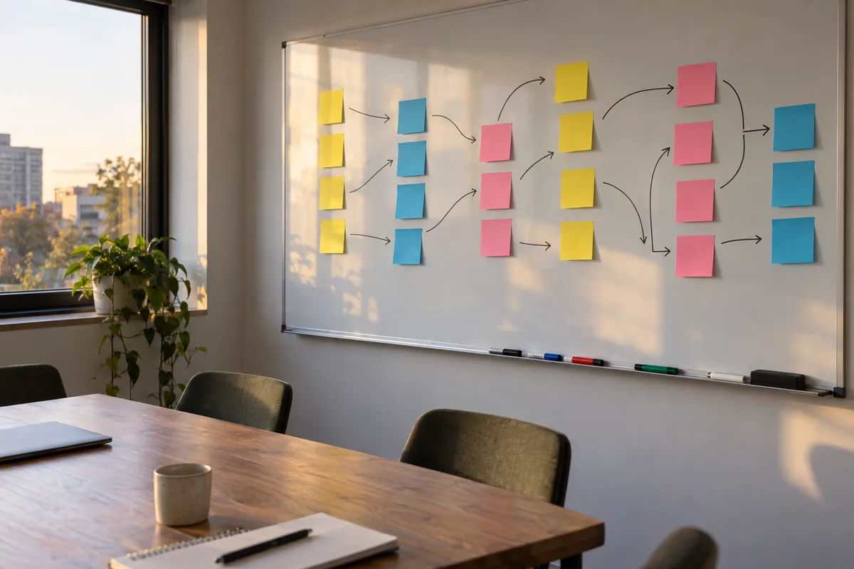 Tableau blanc couvert de post-it de couleurs unies reliés par des flèches dans une salle de réunion