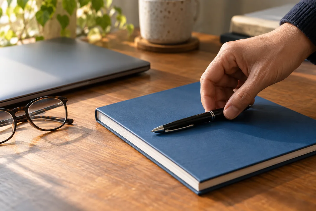 Mains posant un stylo sur un contrat relié à couverture unie à côté d’un ordinateur portable fermé
