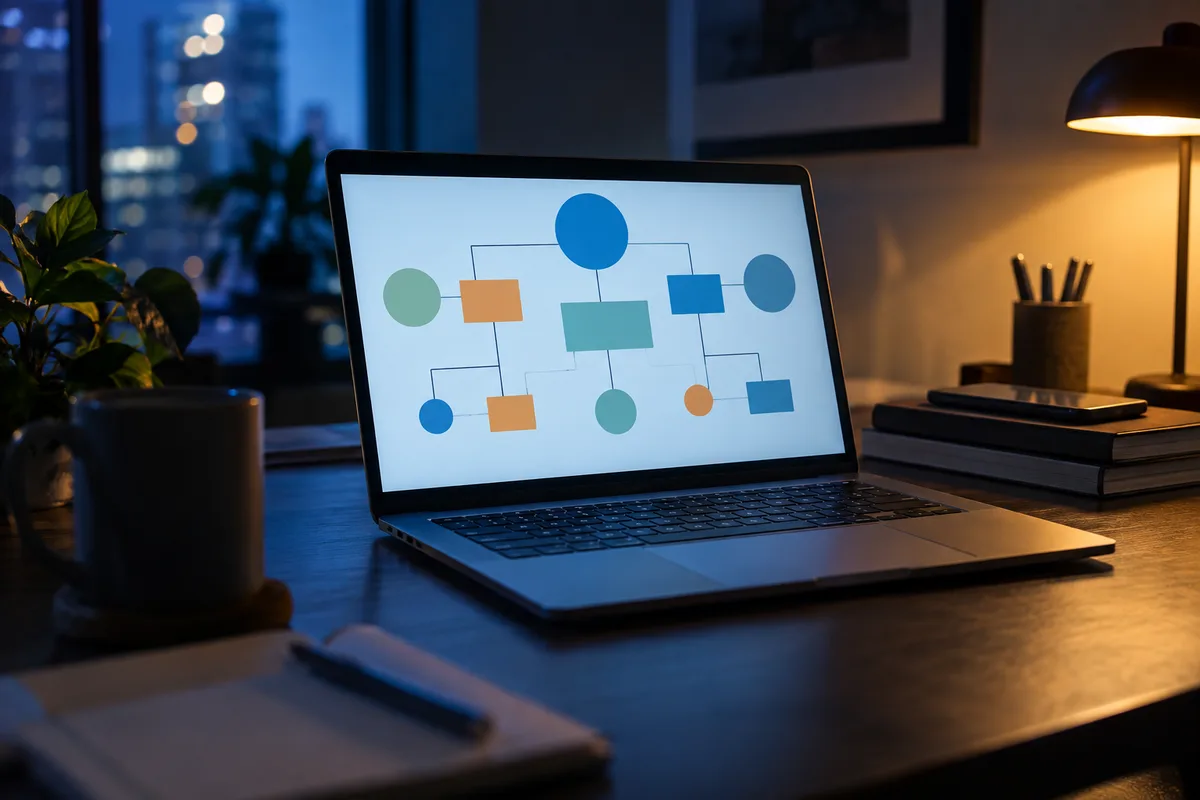 Écran d’ordinateur portable ouvert sur un diagramme de flux abstrait aux formes géométriques colorées