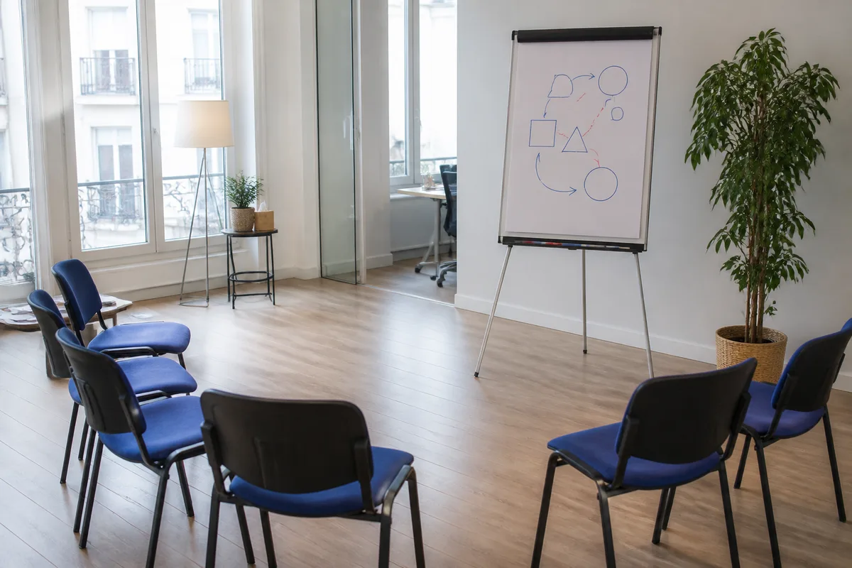 Salle de réunion claire avec paperboard couvert de notes et chaises disposées en demi-cercle