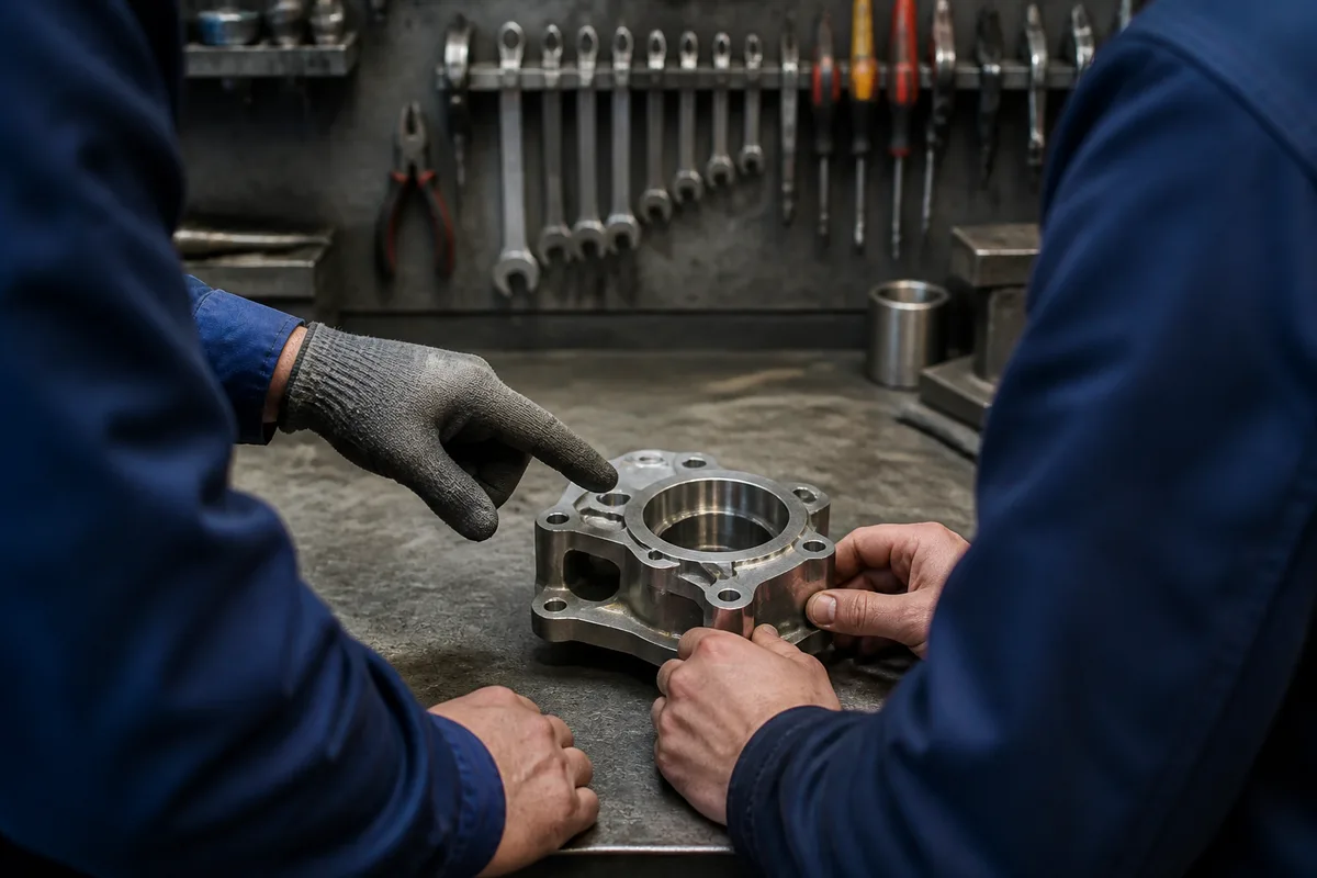 Deux collègues devant un poste de travail industriel, l&rsquo;un montrant un geste technique à l&rsquo;autre