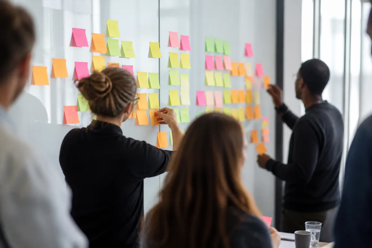 Équipe en atelier de travail devant des post-it de cartographie de processus