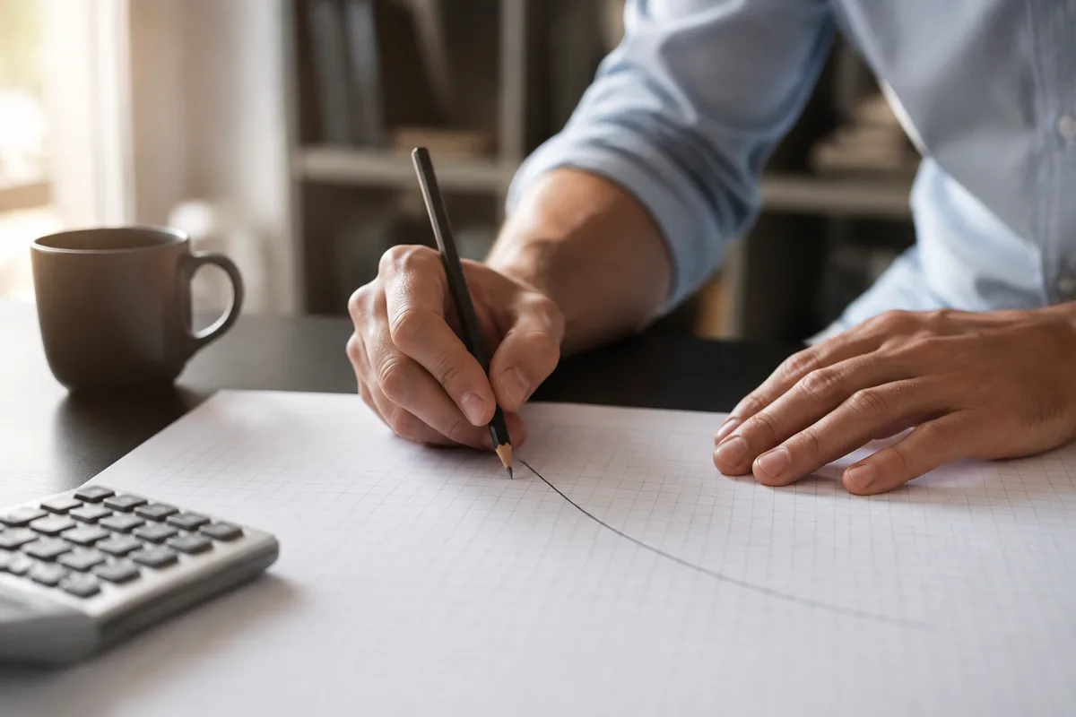 Bureau de comptabilité avec calculatrice, graphiques imprimés et stylo, lumière douce du matin