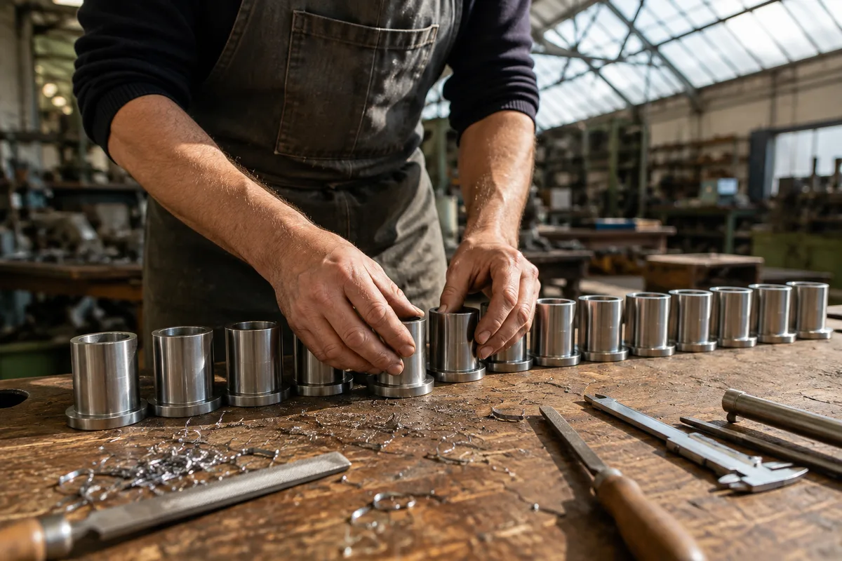 Atelier de production avec pièces alignées sur un établi et mains d’un artisan au travail