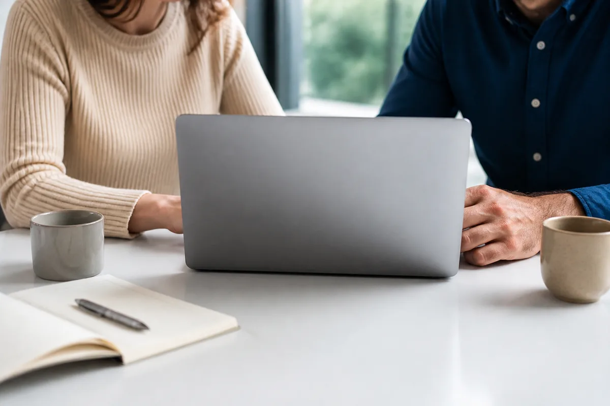 Réunion de travail entre deux collaborateurs devant un ordinateur portable posé sur une table claire
