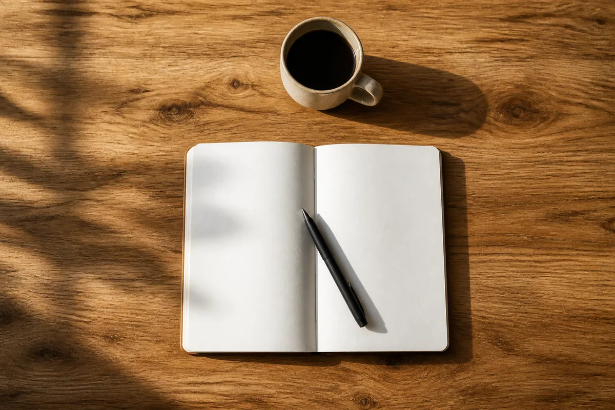 Carnet ouvert sur une table en bois, stylo posé et tasse de café, lumière du matin