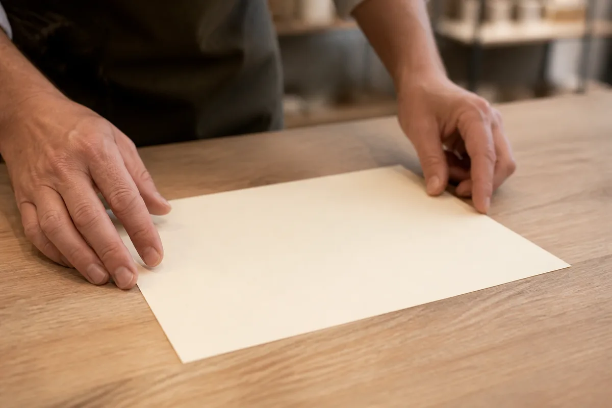 Mains posant une affichette imprimée sur un comptoir en bois clair, lumière douce
