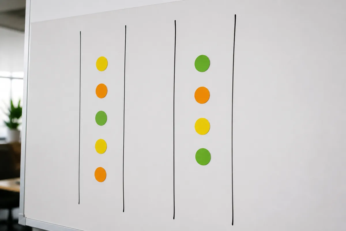 Tableau blanc avec des colonnes tracées au feutre et des notes autocollantes colorées
