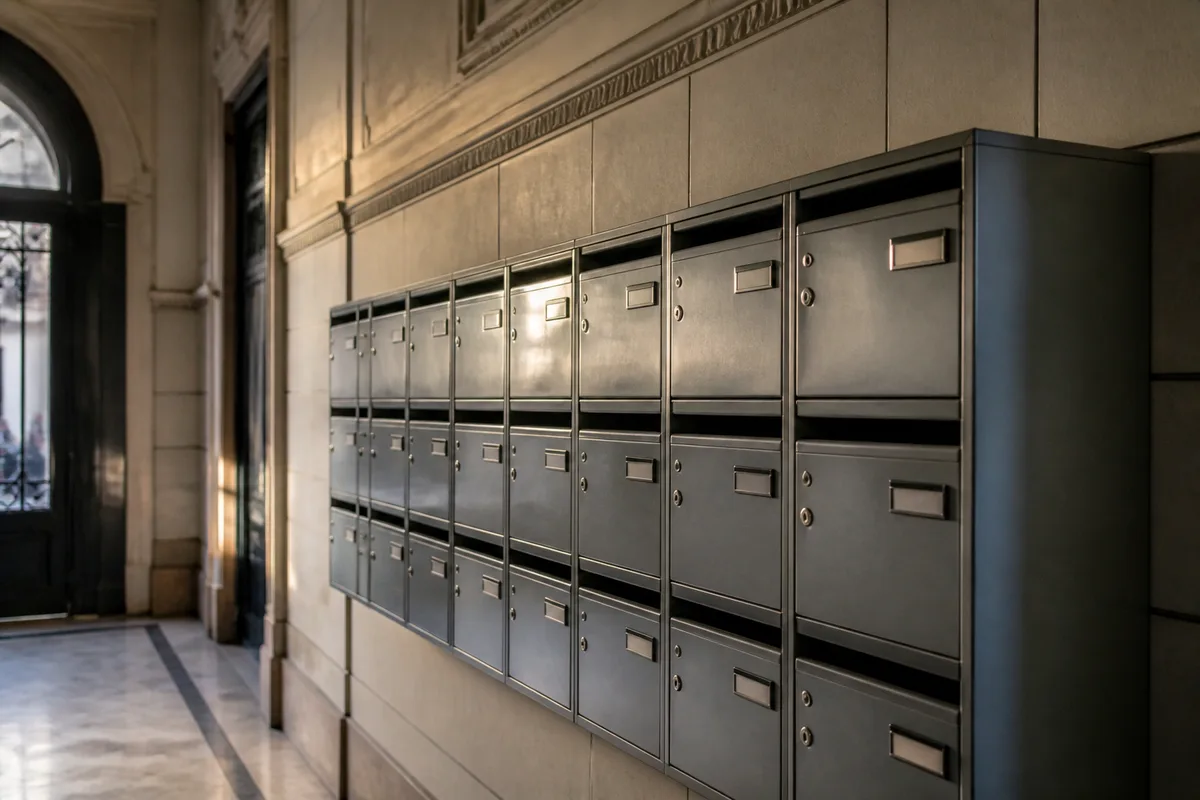 Boîtes aux lettres alignées dans un hall d&rsquo;immeuble ancien, lumière rasante
