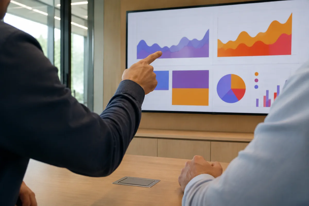 Écran de tableau de bord marketing consulté par deux personnes dans un bureau clair