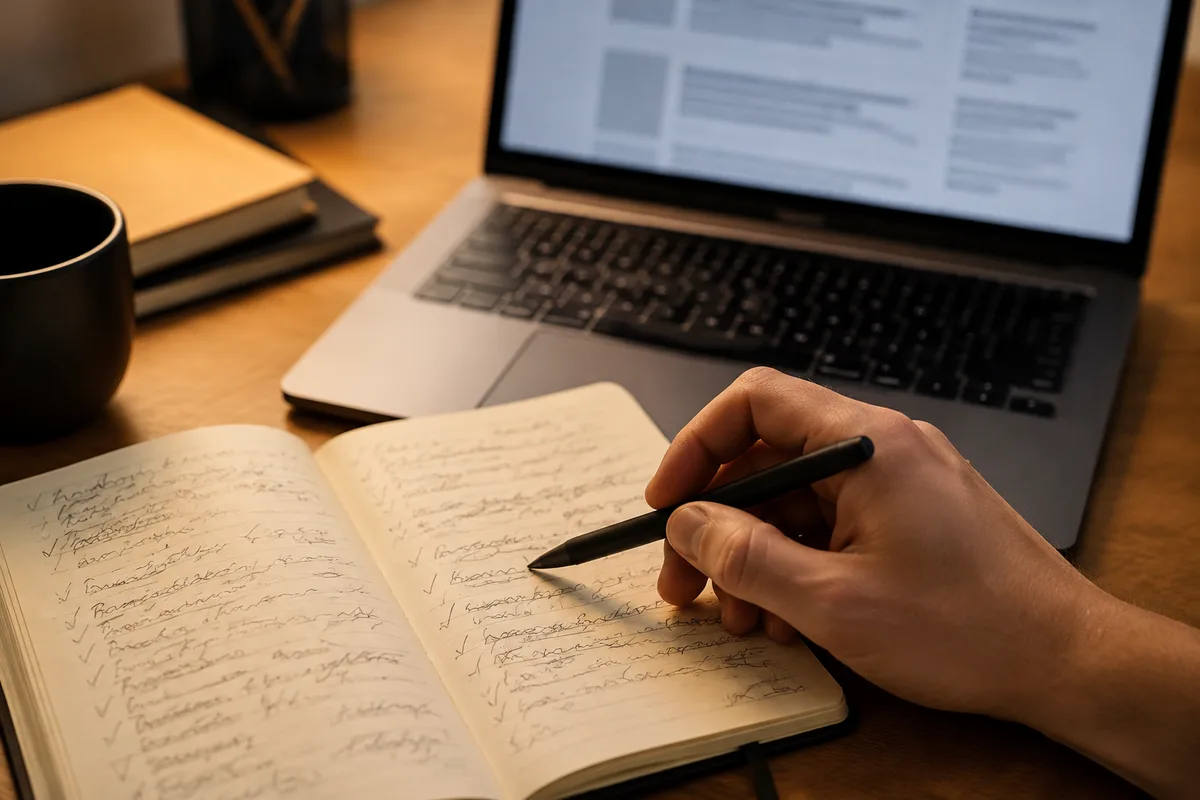 Carnet de relevés et écran de recherche affichant une réponse générée sur un bureau de travail